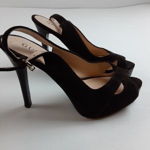 Guess Brown Suede Peep Toe Slingback Heels